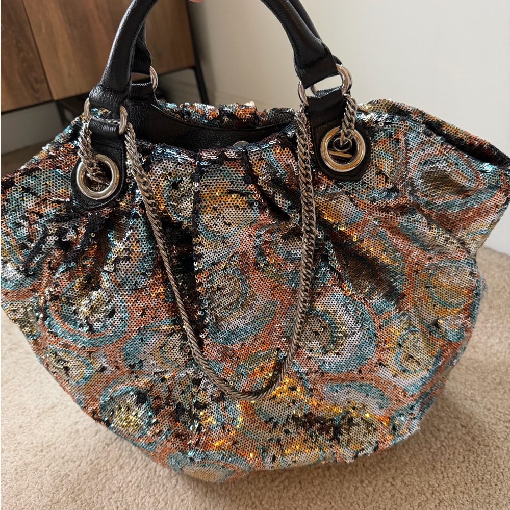orYANY Multicolor Sequin Tote with Black Leather Handles